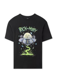 T-shirt in cotone nero con una grafica colorata di un'astronave fantascientifica con due personaggi, circondata da slime verde ed elementi spaziali.