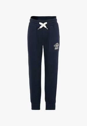 Navy blauwe joggingbroek met witte trekkoord, voorzakken, geribde manchetten en het Timberland-logo op de linker dij.