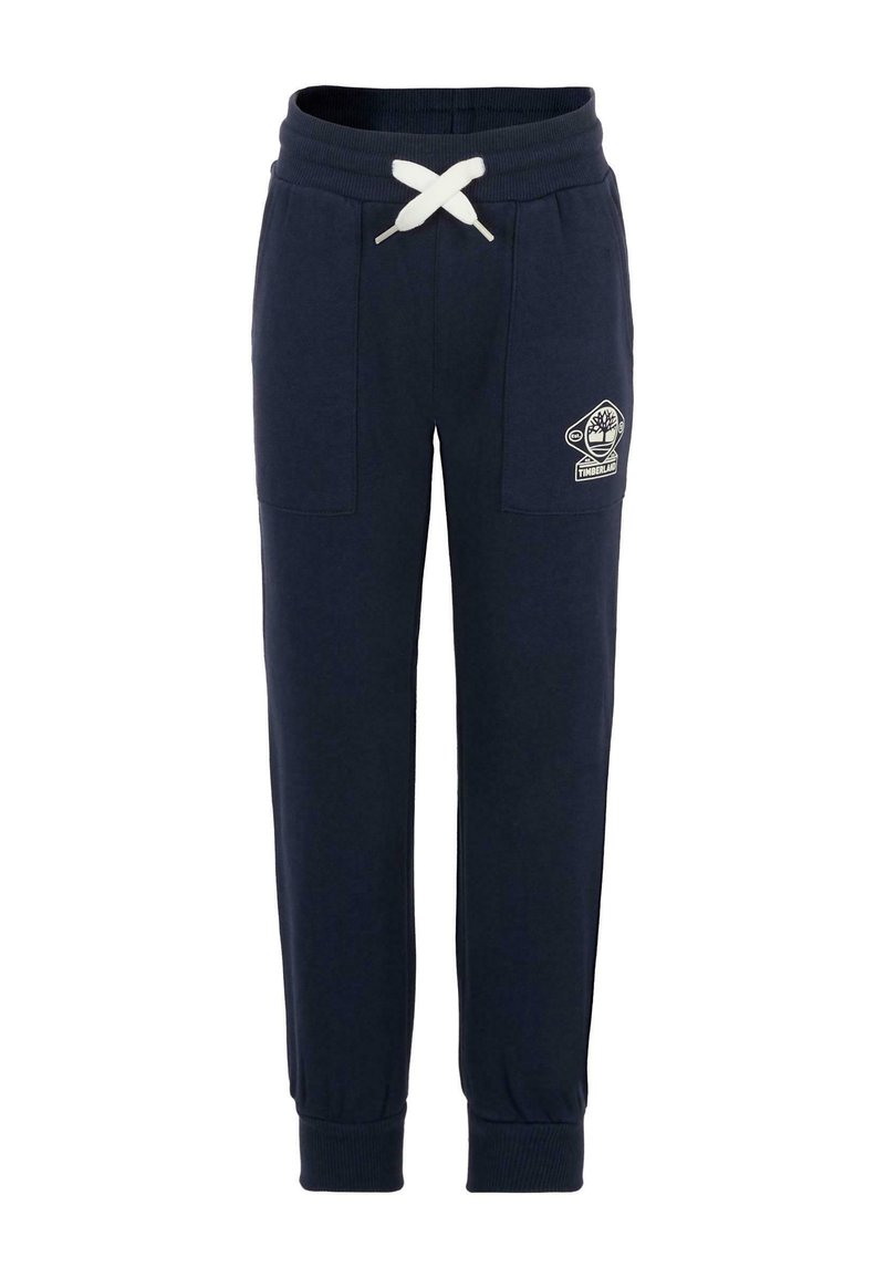 Navy blauwe joggingbroek met witte trekkoord, voorzakken, geribde manchetten en het Timberland-logo op de linker dij.