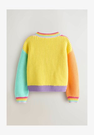 Farebný pletený sveter s časťami v žltej, tyrkysovej, oranžovej a fialovej farbe. Rebrovaná textúra a viacfarebné pruhované manžety a golier.