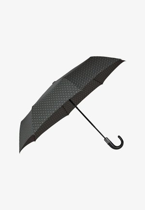 Schwarzer Regenschirm mit einem geometrischen Muster in Grau, einem gebogenen Griff, einem Metallrahmen und einem glatten Stoffdach.