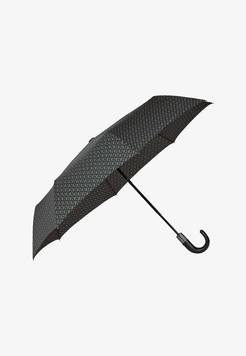 Zwarte paraplu met een geometrisch patroon in grijs, een gebogen handvat, metalen frame en een gladde stoffen canopy.