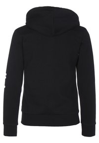 Sweat à capuche noir avec un dos uni, des manches longues, une capuche doublée et des poignets et ourlet côtelés. Tissu doux sans motifs ni accents visibles.