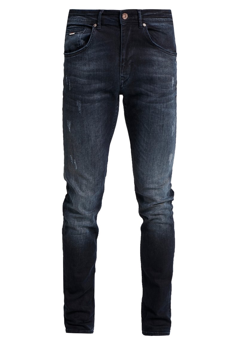 Mörkblå denimjeans med slim fit, med lätt blekningar och slitage detaljer framtill, fem fickor och metallbeslag.
