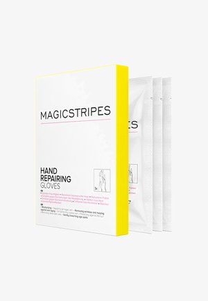 Il packaging dei guanti riparatori Magicstripes presenta una scatola gialla brillante, dal design minimalista, contenente tre confezioni singole di guanti con istruzioni per la cura.