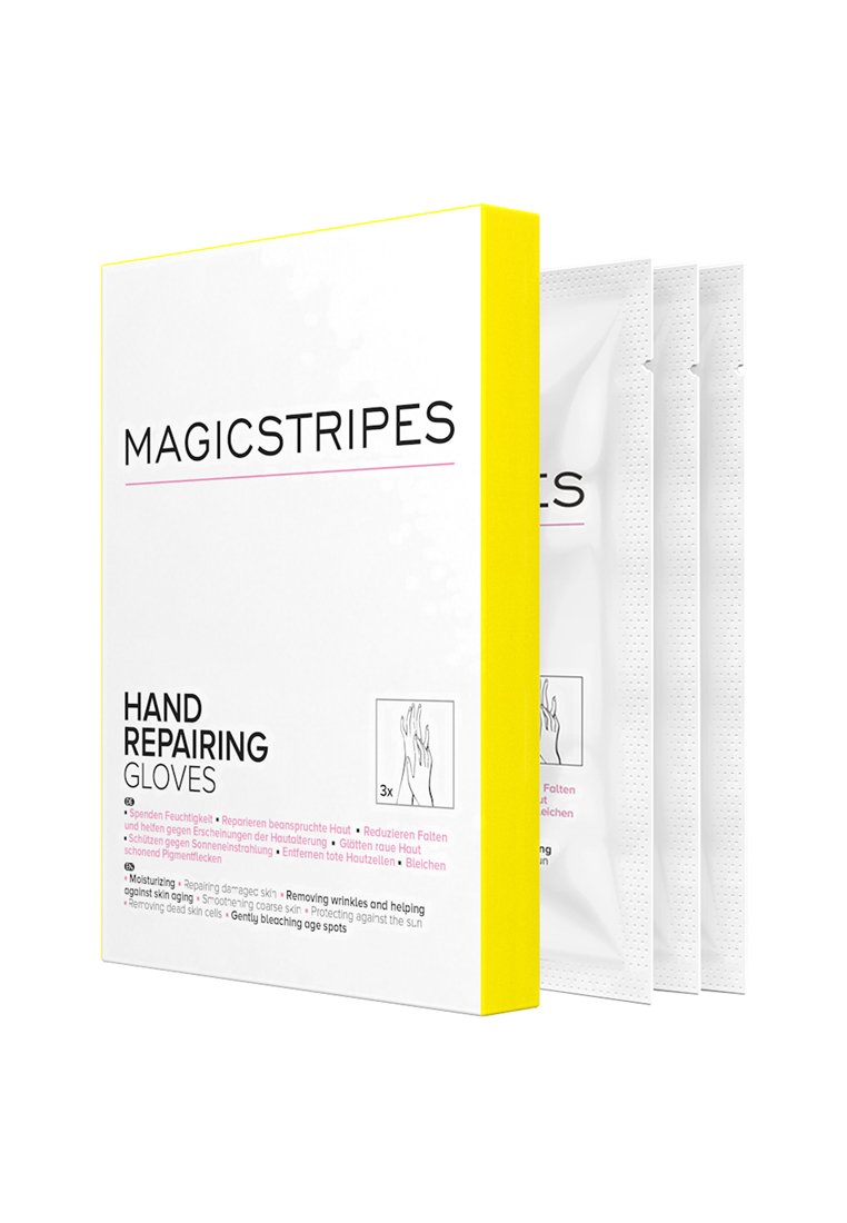 Magicstripes handreparationshandskarna är förpackade i en ljusgul låda med minimalistisk design, som innehåller tre individuella handske-paket med skötselråd.