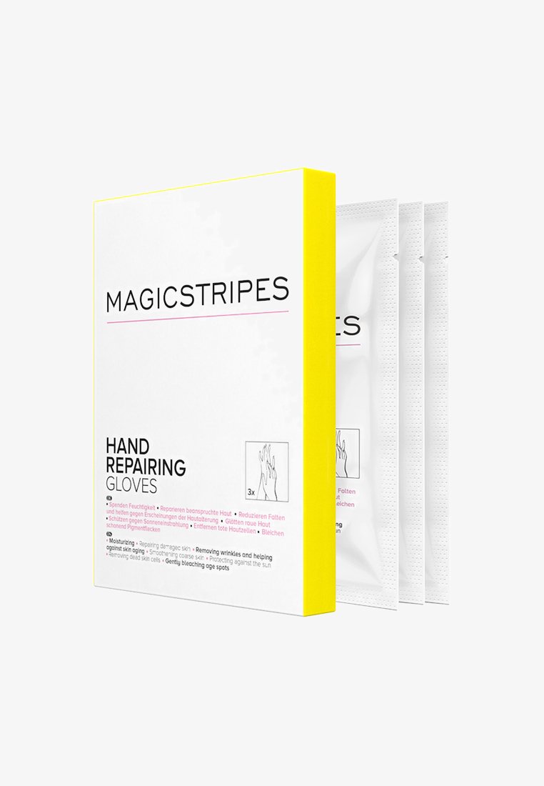 De verpakking van de Magicstripes handherstellende handschoenen heeft een felgele doos, een minimalistisch ontwerp, en bevat drie afzonderlijke handschoenenpakketten met verzorgingsinstructies.