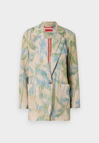 Lightweight beige blazer featuring green and blue palm leaf patterns, single-button closure, and two front pockets. Lined with a red accent.