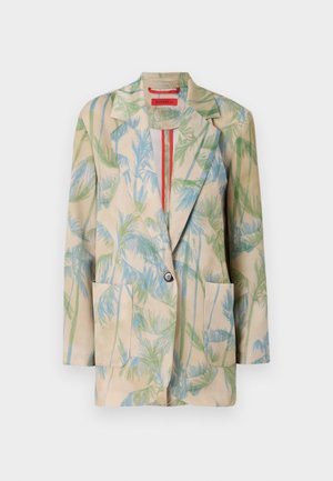 Lightweight beige blazer featuring green and blue palm leaf patterns, single-button closure, and two front pockets. Lined with a red accent.
