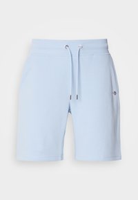 Hellblaue Baumwollshorts mit elastischem Bund, weißem Kordelzug, Seitentaschen und kleinem, besticktem Logo am linken Bein.