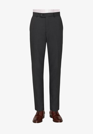 Gray tailored trousers with a smooth texture, featuring a single button closure and a straight leg design, paired with brown leather shoes.