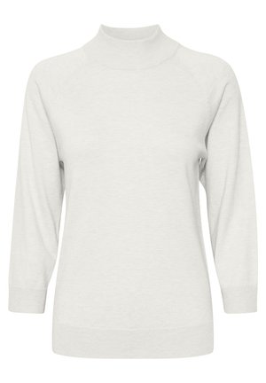 Világosszürke pulóver magas nyakkal, hosszú raglán ujjakkal és bordázott mandzsettákkal. Puha, textúrált kötött anyagból készült.