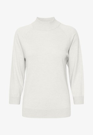 Hele halli sviiter kõrge kaelusega, pika raglaniga varrukatega ja soonikkoes mansettidega. Valmistatud pehmest, tekstuuriga kudumaterjalist.