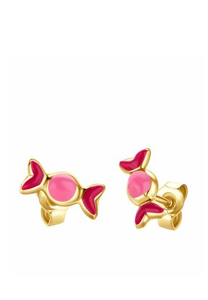 Orecchini a forma di caramella color oro, con accenti in smalto rosa e rosso. Il design include forme centrali arrotondate con estremità decorative a punta.