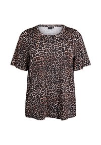 Tričko s leopardím potiskem z měkké tkaniny, s kulatým výstřihem a krátkými rukávy. Barvy zahrnují černou, hnědou a béžovou v výrazném vzoru.