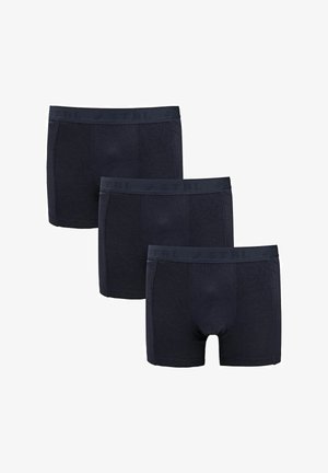 Drie paar donkerblauwe boxershorts van zacht stof, voorzien van een comfortabele tailleband met reliëfmerk en een klassieke pasvorm.