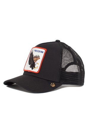 Black cap with a structured front panel, mesh sides, an eagle patch, and the word "FREEDOM" in bold lettering above the design.