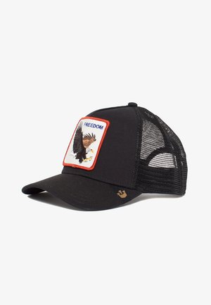 Black cap with a structured front panel, mesh sides, an eagle patch, and the word "FREEDOM" in bold lettering above the design.
