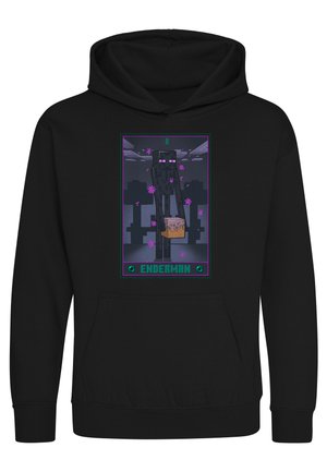 Czarna bluza z kapturem z postacią Endermana z Minecrafta trzymającego blok, otoczona fioletowymi cząsteczkami, z napisem "ENDERMAN" pod postacią.