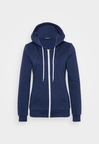 Navy zip-up hoodie with white drawstrings, front pockets, and ribbed cuffs; soft fabric with a smooth texture and a fitted design.