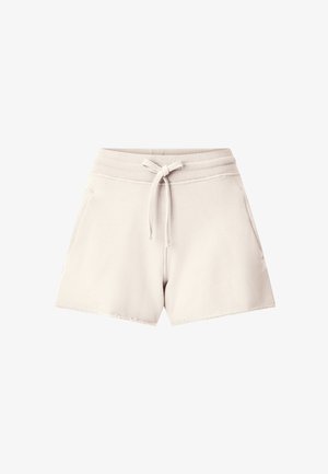 Shorts en coton beige avec taille élastique côtelée, cordon à l'avant, poches latérales et ourlets bruts.