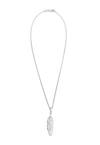 Silberne Halskette mit feiner Kette und einem anhänger in Blattform mit filigranen Federdetails. Glatte Textur mit poliertem Finish.