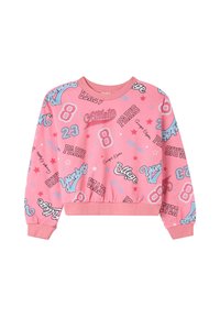 Sweatshirt corto rosa con varie stampe grafiche in blu e nero, inclusi testi come "Atletico" e "Parigi," con decorazioni a forma di stella.
