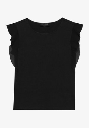 Melnā blūze ar īsām, caurspīdīgām, ruffle piedurknēm, apaļu kakla izgriezumu un mīkstu, gludu audumu. Vienkāršs dizains bez papildu rakstiem vai akcentiem.