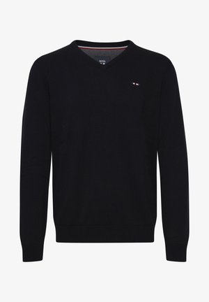 Fekete V nyakú pulóver hosszú ujjal, bordás mandzsettával és aljjal, valamint apró piros, fehér és kék logóval a mellkason.