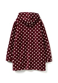 Burgunderfarbener Fleece-Hoodie mit weißen Punkten, ausgestattet mit einer Kapuze, langen Ärmeln und einem lockeren Schnitt. Weicher Stoff, mittellanges Design.