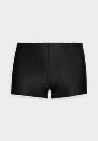 Shorts de bain noirs en tissu extensible. Design simple avec des ourlets droits et une taille étroite. Pas de motifs ni d'accents visibles.