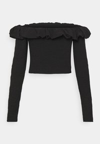 Svart topp utan axelband med långa ärmar, med en volangkrage och texturerat tyg, designad med en figurnära silhuett.