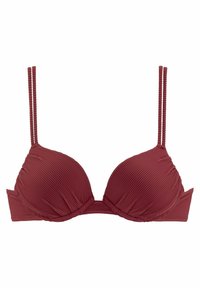 Bordeaux bikini-top met geplooide textuur, gevoerde cups en dunne verstelbare bandjes. Klassiek ontwerp met een haaksluiting op de rug.