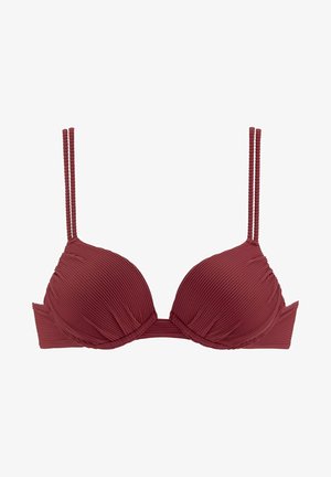 Bordeauxfarbener Bikini-Oberteil mit plissiertem Material, gepolsterten Cups und dünnen verstellbaren Trägern. Klassisches Design mit einem Hakenverschluss auf der Rückseite.