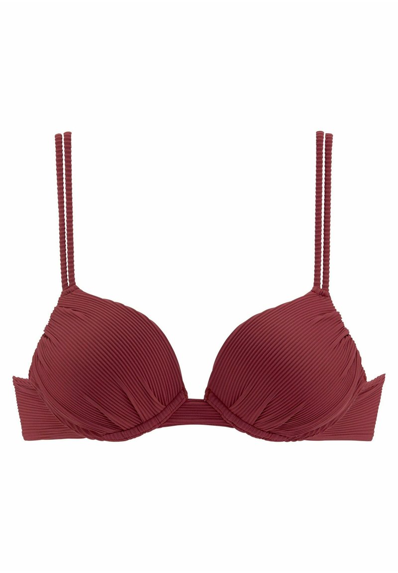 Bordeaux bikini-top met geplooide textuur, gevoerde cups en dunne verstelbare bandjes. Klassiek ontwerp met een haaksluiting op de rug.