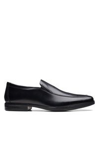 Schwarzer Slipper aus glattem Leder, mit runder Spitze, minimaler Nahtverarbeitung und niedrigem gestapeltem Absatz für ein elegantes Design.
