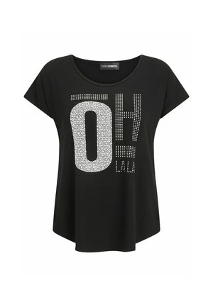 Black short-sleeve T-shirt with white dotted text "OH LAU" and a round neckline, labeled "Doris Streich" inside collar.