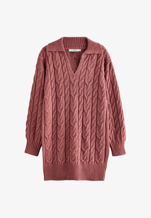 Dideli, kabliukuoti megztinis dulkių rožės spalvos su V formos iškirpte ir plačiu apykaklės kraštu. Su išsiuvinėtais rankogaliais ir apatine dalimi, turinčiais tekstūrą ir detalių. Minkšta medžiaga.