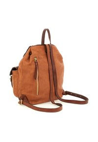 Zaino in pelle marrone con spalline regolabili, tasca con cerniera dorata e manico superiore su sfondo bianco.