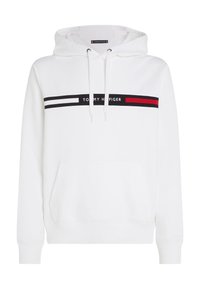 Felpa bianca con cappuccio caratterizzata da una striscia orizzontale nera e rossa con la scritta "TOMMY HILFIGER." Il materiale è morbido e presenta una tasca a marsupio e un cappuccio regolabile.