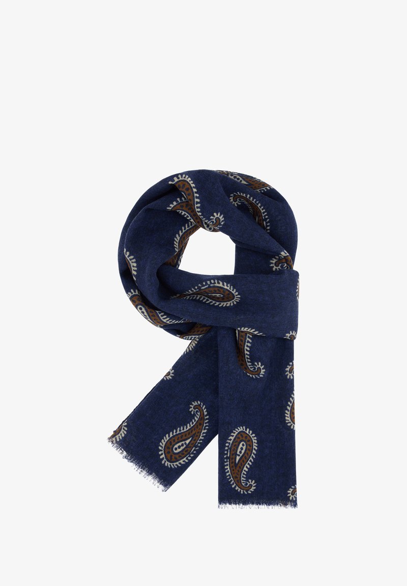 Tumši zilā šalle ar paisley rakstu brūnā un baltā krāsā, izgatavota no maiga, teksturēta auduma ar saplēstiem maliņām.