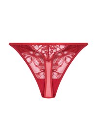 Κόκκινο εσώρουχο στρινγκ από δαντέλα με φλοράλ σχέδιο, μονόχρωμη κόκκινη ζώνη μέσης και διάφανο πίσω μέρος από δίχτυ. Διαθέτει λεπτές κυματιστές άκρες και απαλή υφή.