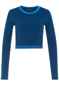 Long-sleeve, cropped workout top in dark blue cotton with light blue collar and elastic band featuring "WORKOUT" in orange lettering.