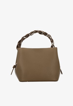Borsa a mano in pelle marrone con texture e base ampia, dotata di manico intrecciato. Il design è minimalista, senza accenti o motivi aggiuntivi.