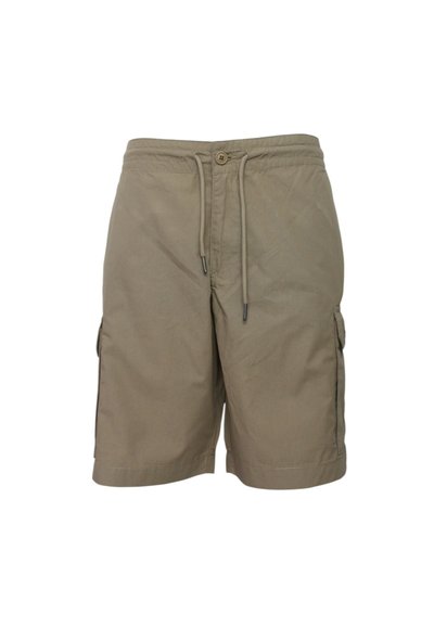 Shorts cargo beige realizzati in materiale leggero, con tasche laterali, vita con cordino e chiusura a bottone.