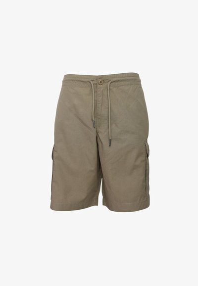 Shorts cargo beige realizzati in materiale leggero, con tasche laterali, vita con cordino e chiusura a bottone.