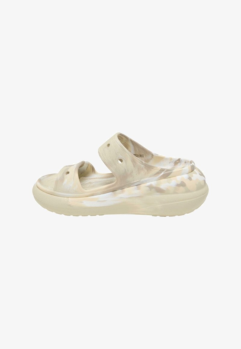 Lightweight sandals in beige with a camo pattern, featuring two adjustable straps, ventilation holes, and a textured footbed for comfort.