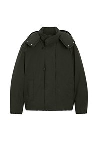 Giacca invernale imbottita verde scuro con colletto alto, due bottoni, cappuccio rimovibile e tasche laterali, mostrata distesa su uno sfondo bianco.