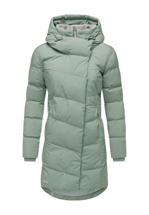 Manteau rembourré vert clair avec un col haut, une fermeture éclair diagonale à l'avant et des poignets côtelés. Il présente des motifs de matelassage et une longueur mi-thigh.