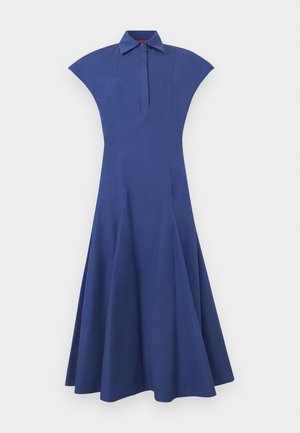 Blue, short-sleeve, collared midi dress with fitted bodice and flared skirt, featuring a buttoned placket front closure.
